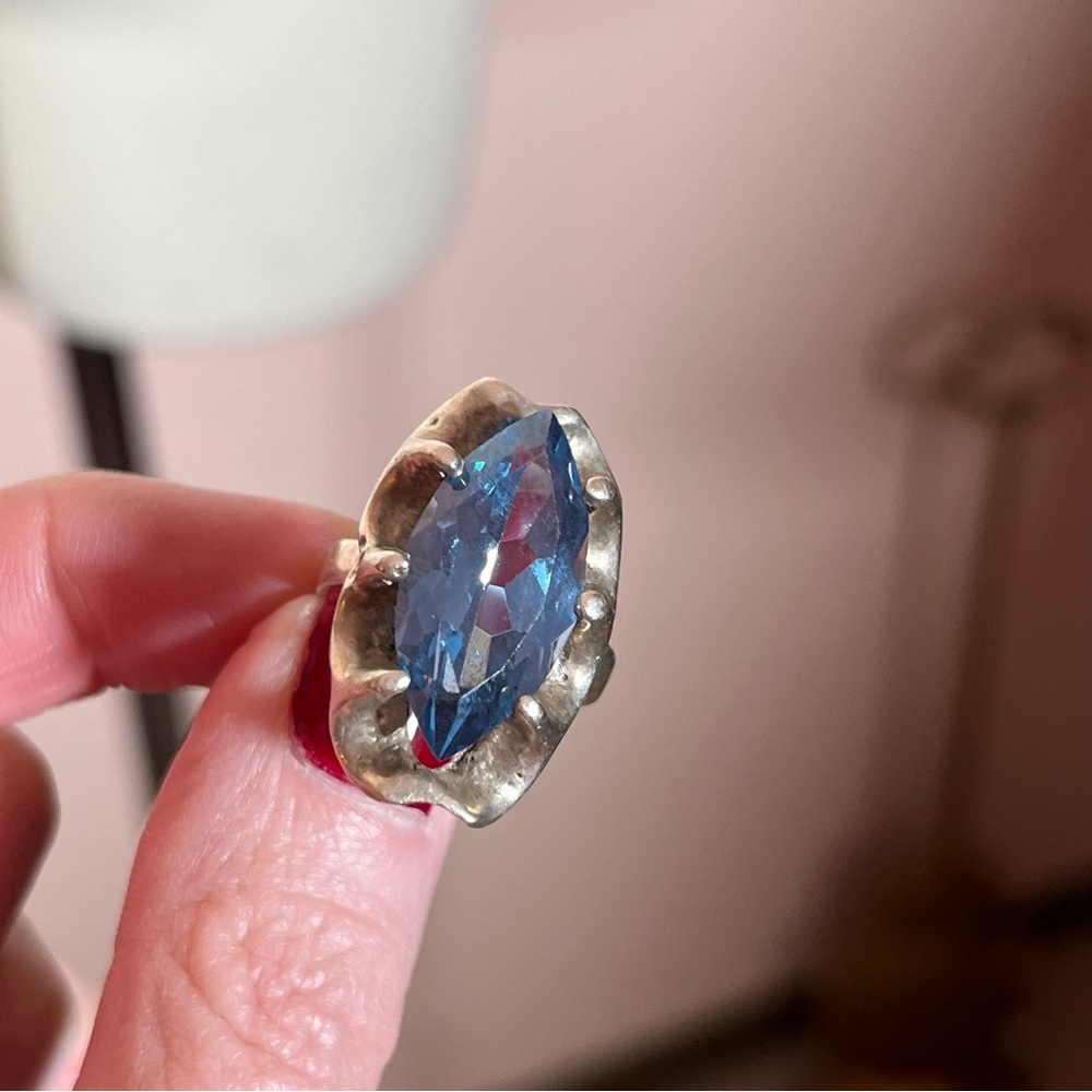 Antique art Deco Oversized Marquee Blue Topaz Brutalist Sterling Silver Ring - Picture 12 of 17